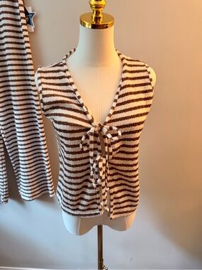 Striped Knit Tie-Front Sweater Vest & Pant set in Brown and Cream